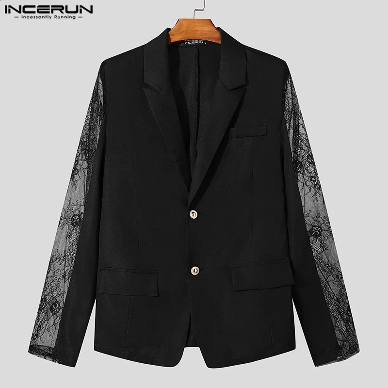Fashion Casual Style Tops INCERUN Mens Perspective Lace Splicing Suit Coats Male Solid Long Sleeved Blazer S-5XL 250519