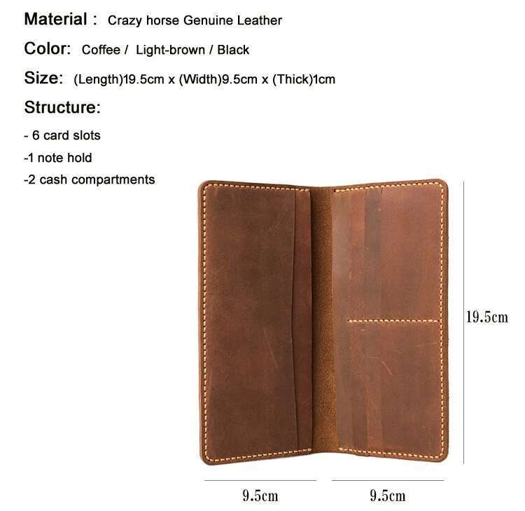 Vintage Handmade Crazy horse long wallet Genuine Leather men Wallet male clutch women purse clips money bag