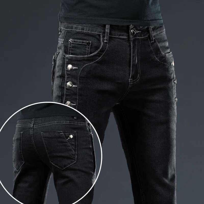 Classic Slim Vintage Men's Designer Jeans Snowflake Grey Wash Korean Fashion Stretch Pants Multi-button Denim Trousers