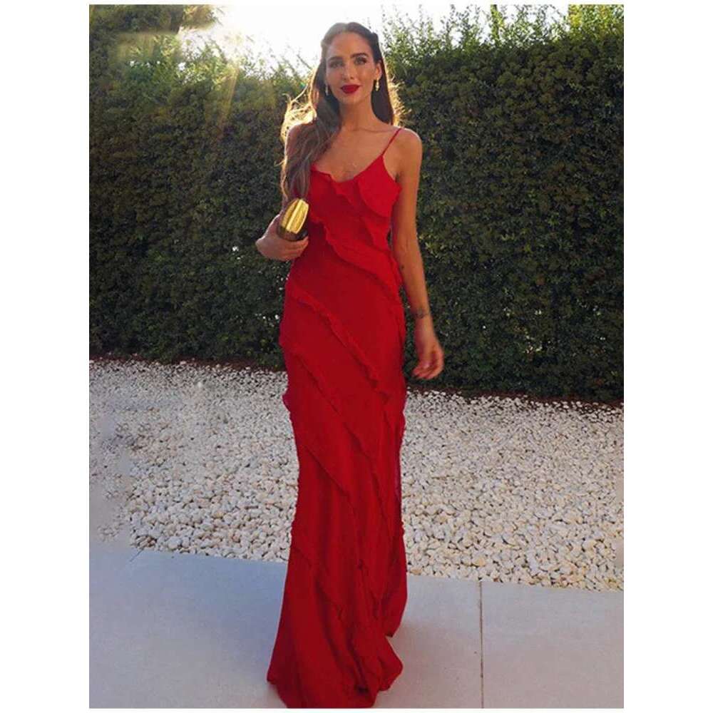 2024 Summer Fashion New Elegant Women's Sexy Chiffon Vacation Sling with Ruffle Edge Style Long Dress