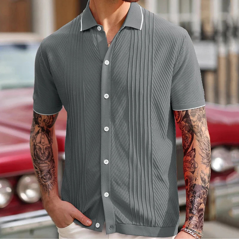 Summer Mens y Knitted Solid Color Shirt Fashion Short Sleeve Buttondown Shirts for Men Vintage Business Leisure Knitwear 250520