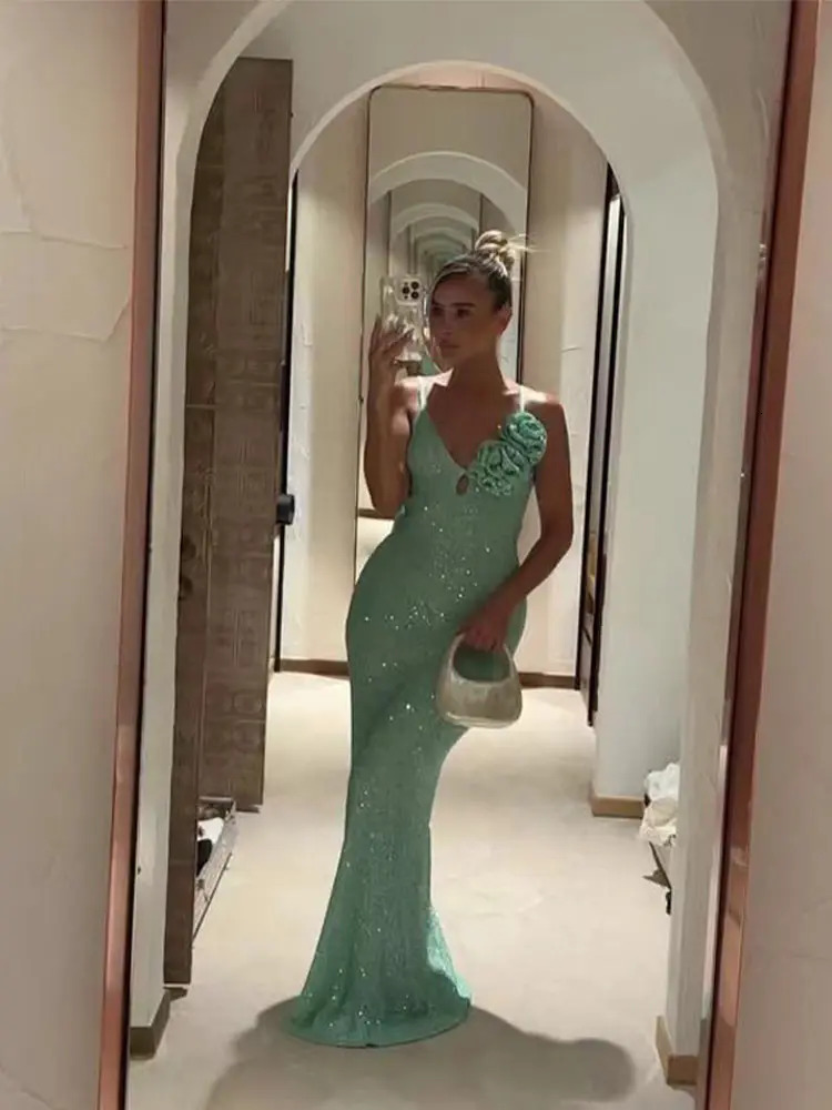 Sexy Sequin 3D Flower Long Beach Dress Women Retro Knitted V-neck Sleeveless Glitter Sling Dresses Female Chic Holiday Vestidos 250517