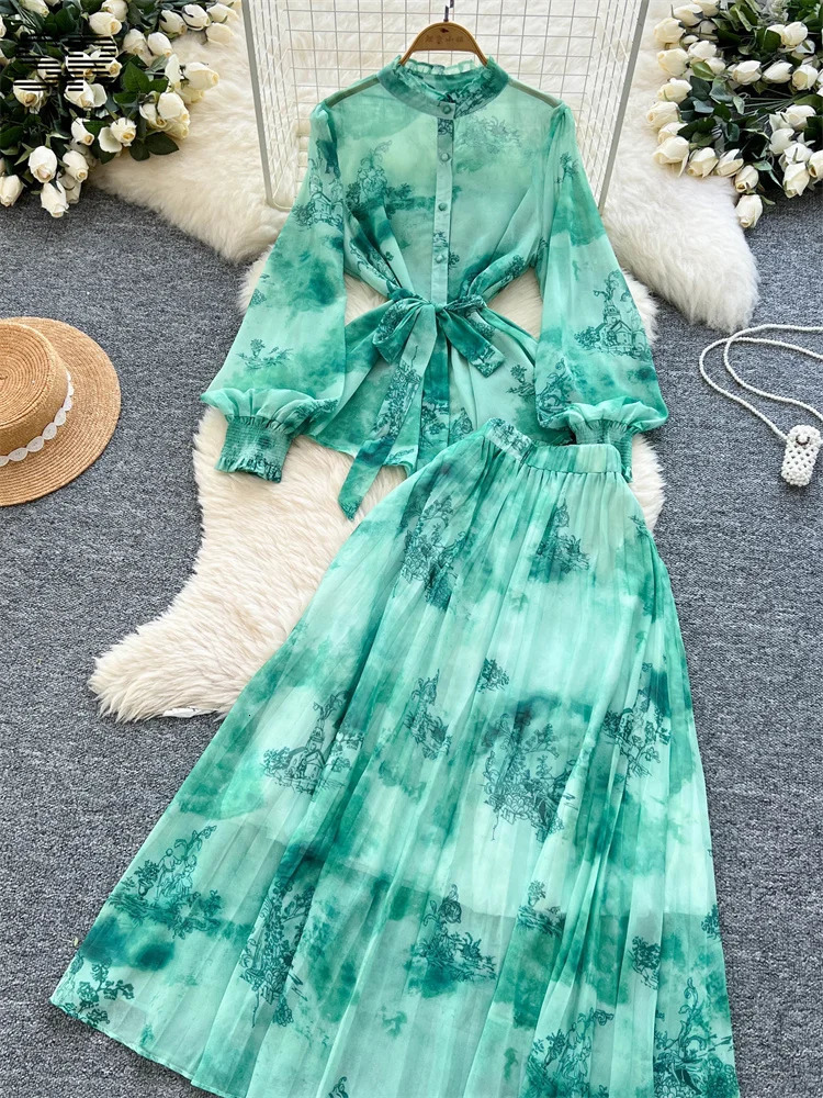SINGREINY Senior Print Vacation 2pcs Suit Lantern Sleeves Lace Up Loose TopsPleated Skirt Temperament Beach Floral Chiffon Sets 250520