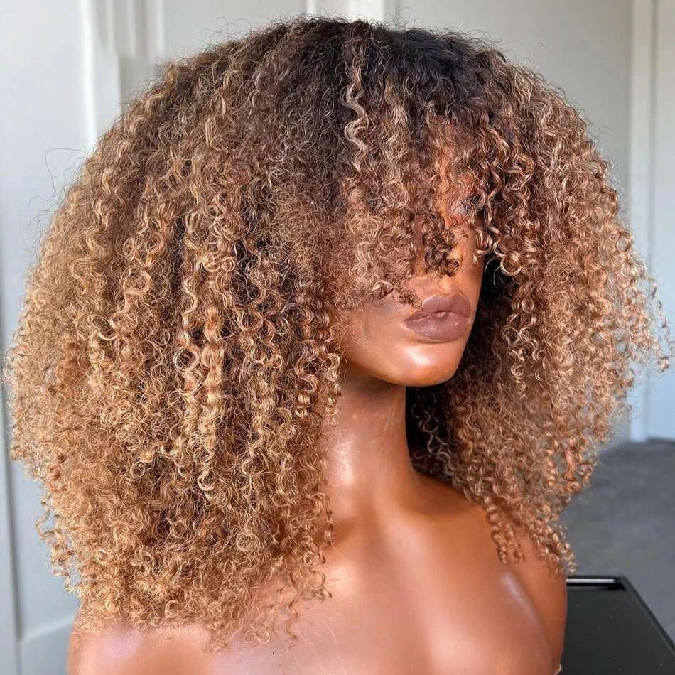 Highlights Blonde Jerry Curly Full hine Made With Bangs Brazilian Remy Human Hair Wig Ombre Brown Colored For Black Women