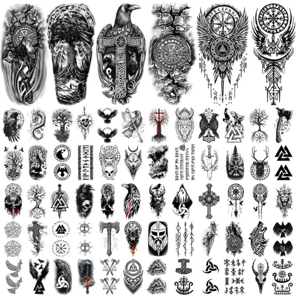 Half arm norse wolf tiger lion eagle skeleton fake tattoo man and woman black tribal body realistic tattoo sticker 250515