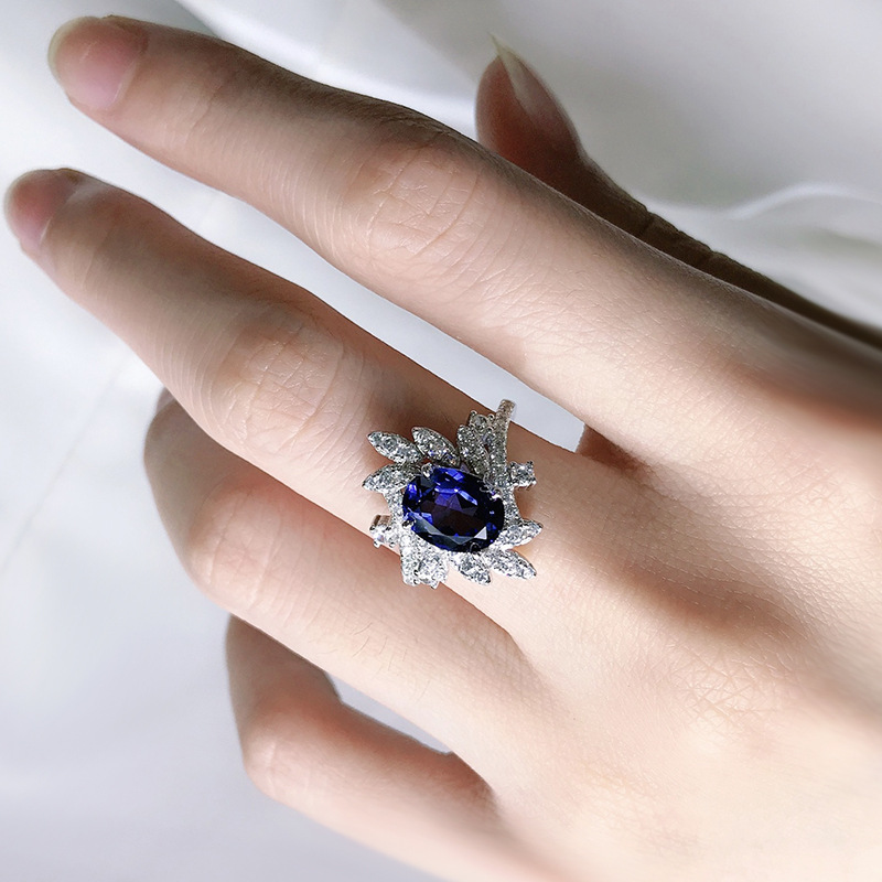 New 925 Sterling Silver Oval Synthetic Blue Sapphire Ring with Ice Flower Design, 7*9mm, Elegant and Luxurious Jewelry for Women.