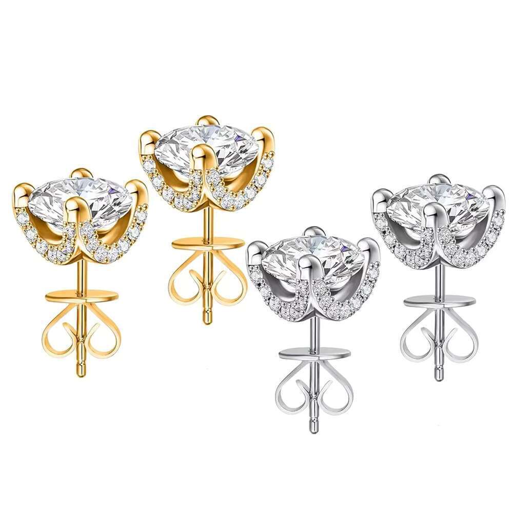 6mm exquisite petal design gold-plated pure sier round cut cubic zirconia earrings for women's daily boutique accessories