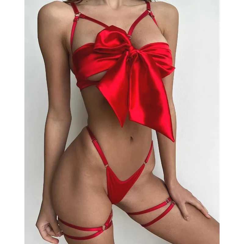 Sexy Bowknot Lingerie Set 3 Pieces Underwear Open Bra Lace Up Thong and Garter Satin Sets Play Sex Outfit R250520