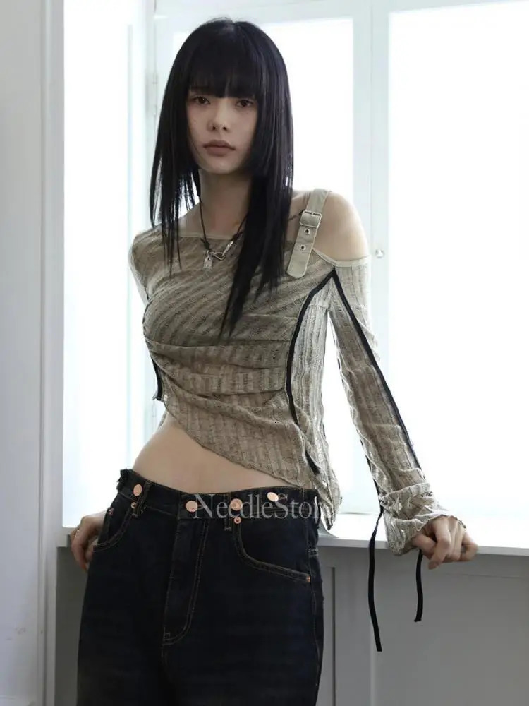 Yedinas American Retro T Shirt Women Clothes Long Sleeve Crop Top Lace Up Korean Fashion Gothic Off Shoulder Tee Shirt Femme Y2k 250517