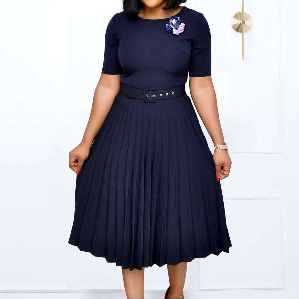 Women's Wear D3292 New Round Neck Mid Length Pleated Skirt Plus Size Dress