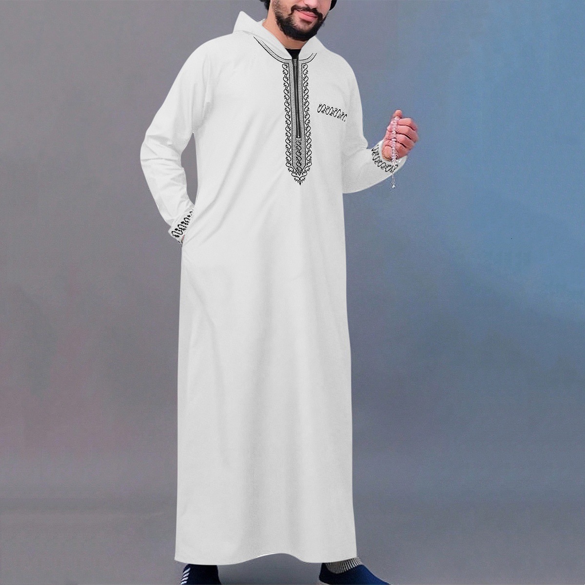 2025 New Designer Clothing New Loose Hooded Men's Embroidered Long Sleeved Muslim Clothing Long Robe Fashion