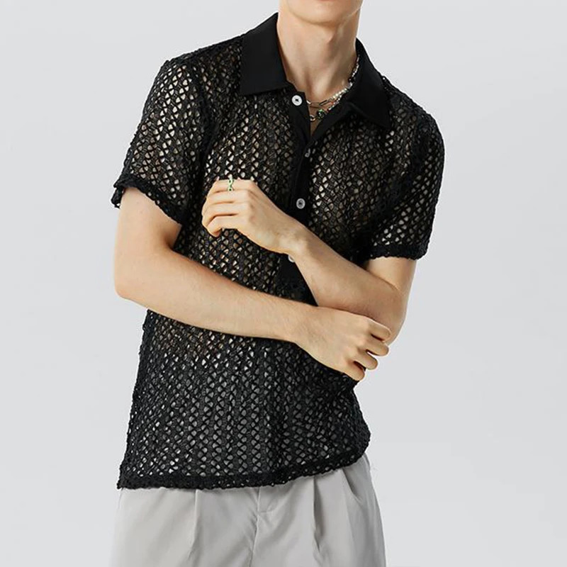 Summer Mens Clothing Knit Hollw Out Shirts Lapel Short Sleeve Mesh Sexy Buttondown Solid Color Streetwear Party Knitwear S3XL 250520