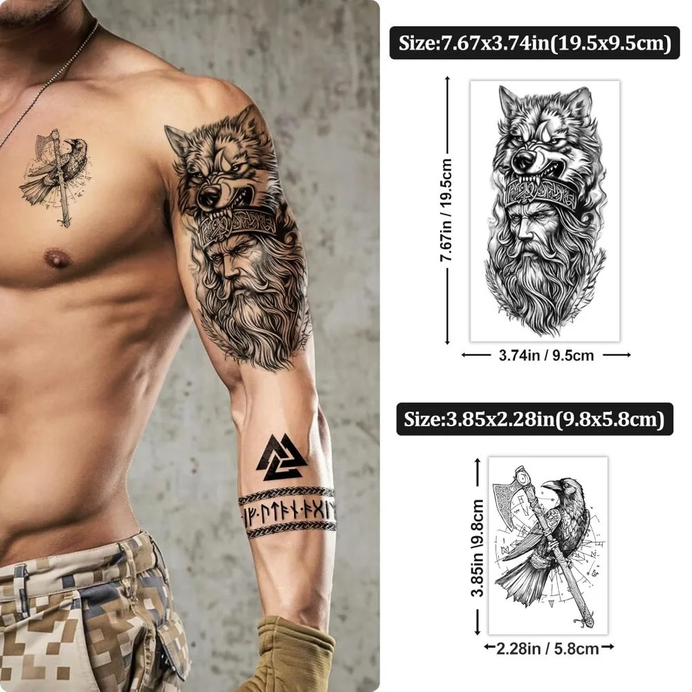 Half arm norse wolf tiger lion eagle skeleton fake tattoo man and woman black tribal body realistic tattoo sticker 250515
