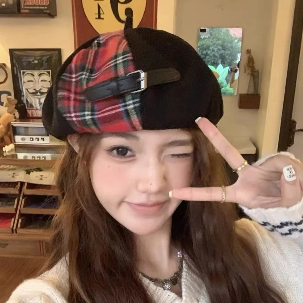 Splicing Beret Female British Retro Painter Japanese Big Head Waist Versatile Hat 250520