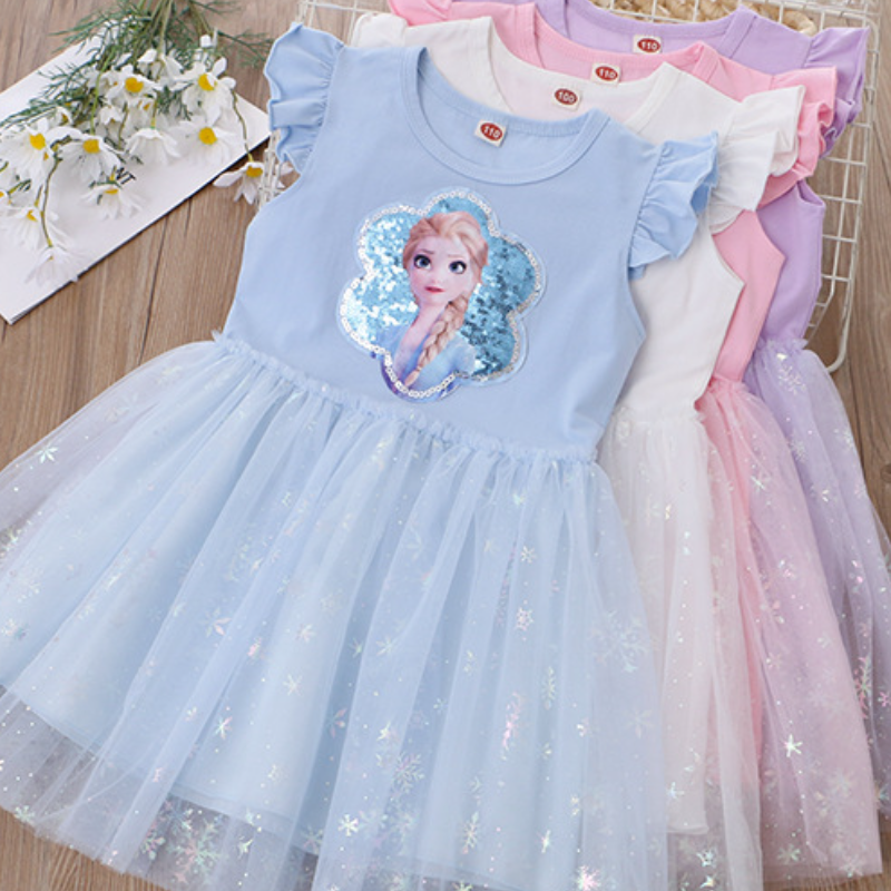 DISNEY toddler designer clothes infant designer clothes kids clothes Frozen Princess Elsa Flying-sleeve princess dress pure cotton.