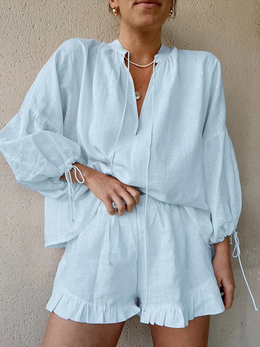 Casual Women s Summer Outfit Stylish Long Sleeve V-Neck Top with Tie-Up Detail and Elastic Waist Shorts Set for a Chic Look 250516