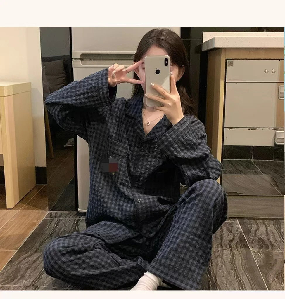 Spring and Autumn Womens Pajamas Homewear Suit Girls LongSleeved Net Red Cartoon Plaid Set 250519
