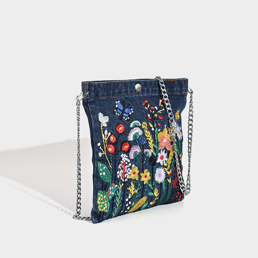 Women's handbag designer fashion embroidery denim bucket personalized commuting flower handbag, chain shoulder women's crossbody bag