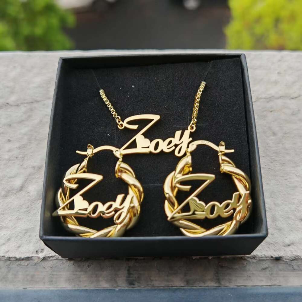 Autumn Cold Stainless Steel 2pcs Necklace with 27mm Twisted Ring Earrings Personalized Name Jewelry Set Cute Gift