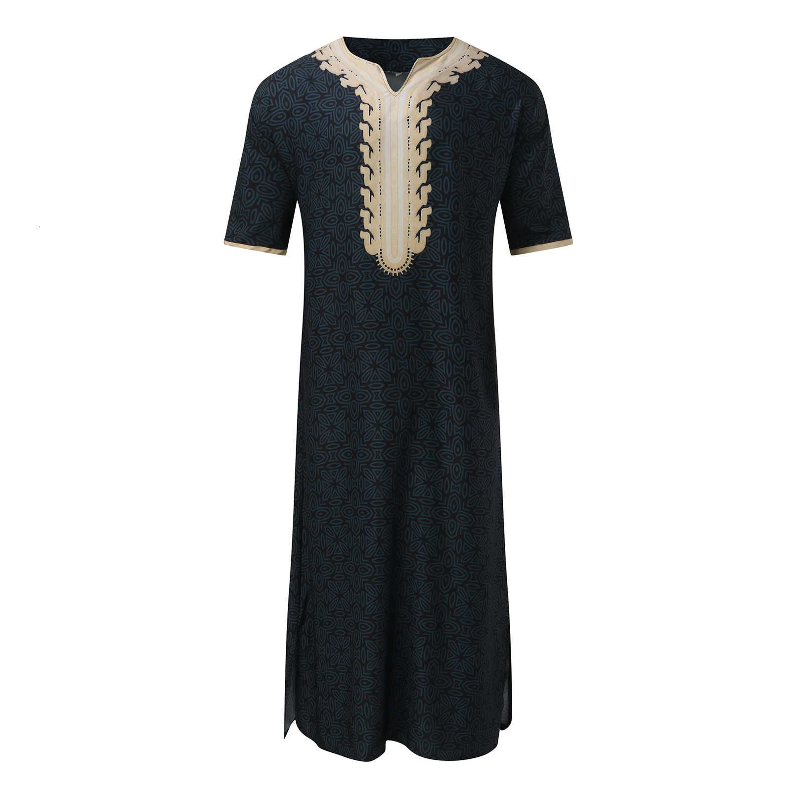 2025 Summer Arab Robe Loose V-neck Short Sleeve Fashion Printed Men's Muslim Clothing