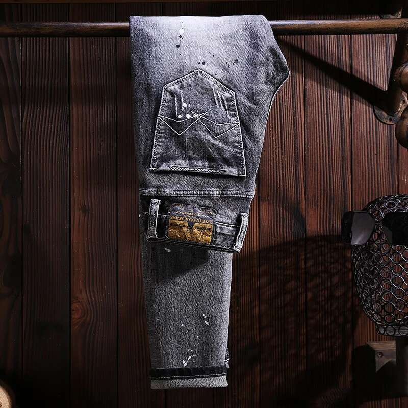Street Fashion Men Retro Black Gray Stretch Slim Fit Hole Patched Ripped Jeans Painted Designer Vintage Denim Pants Hombre