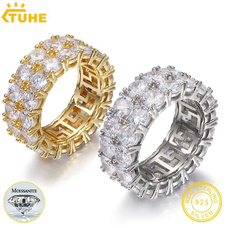 Top Quality 2 Rows 5mm 0.5ct Moissanite Rings Men Hip Hop Jewelry 100% Sterling Silver 925 Bling Gold Plated 18K Ring Gift