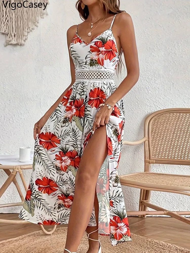 VigoCasey Summer Female Print Casual Bodycon Dress Women Sexy Sleeveless Strap Long Lace Patchwork Tight Club Dresses 250520