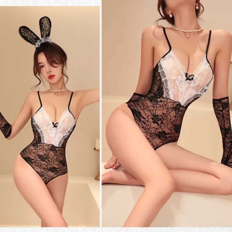 lingerie Tight hollowed out see through lace bunny girl jumpsuit suspender sexy womens jeans set sexy cosplay Toys R250520