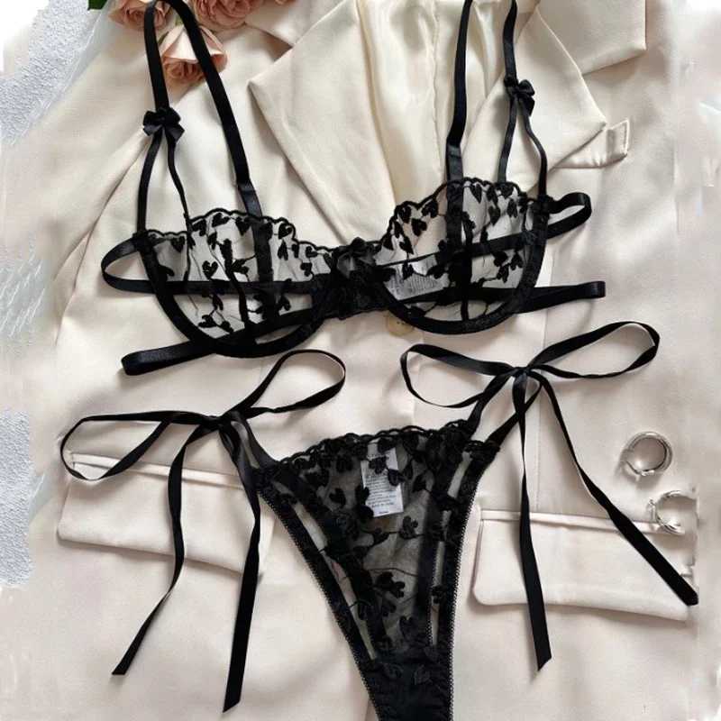 Piece Set Love Embroidered Sexy Underwear Suit for Women Mesh Patchwork See-Through with Steel Ring Sexy Lingerie New R250520