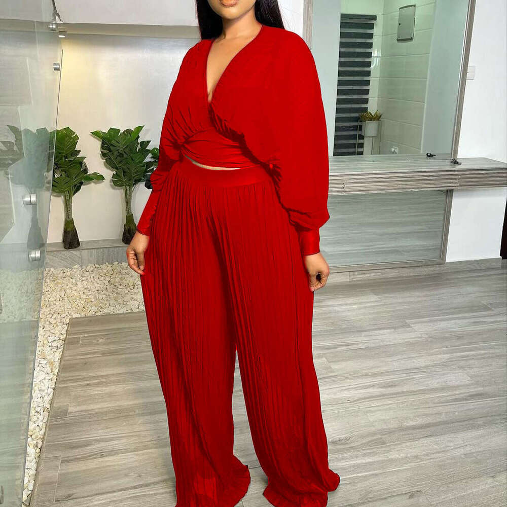 Women's Wear Women's Summer Long Sleeved V-Neck Bat Sleeve Top Folded Hundred Pleats Wide Leg Pants Two Piece Set