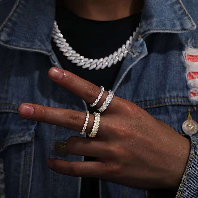 Hip Hop Men Women Fashion Jewelry 3.0mm Moissanite Diamond Iced Out Gold Plated 925 Silver Ring