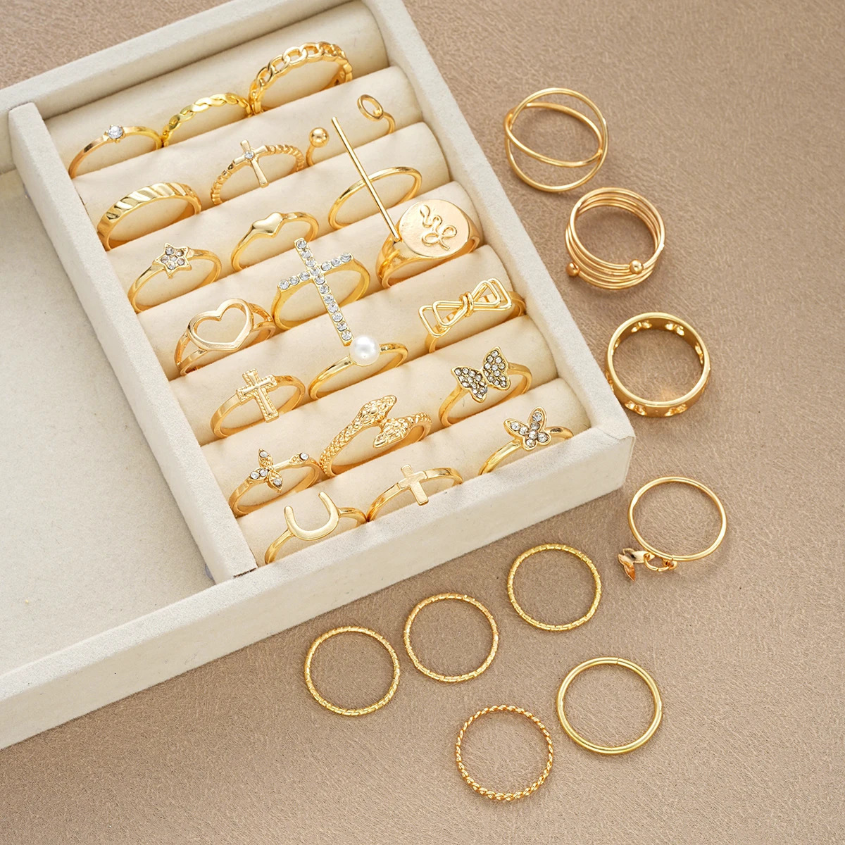 30pcs/Set Fashion Cross Love Rhinestone Ring Simple Wave Metal Circle Hollow Geometric Rings For Women Trendy Jewelry Gifts 250519