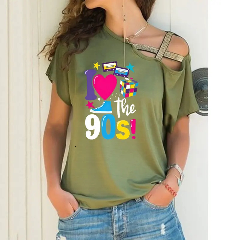 Fashion Womens t shirt Sexy Off Shoulder Short Sleeve 90s Retro Feeling Graphics Prin Irregular Skew Cross Bandage Tops Tees 250517