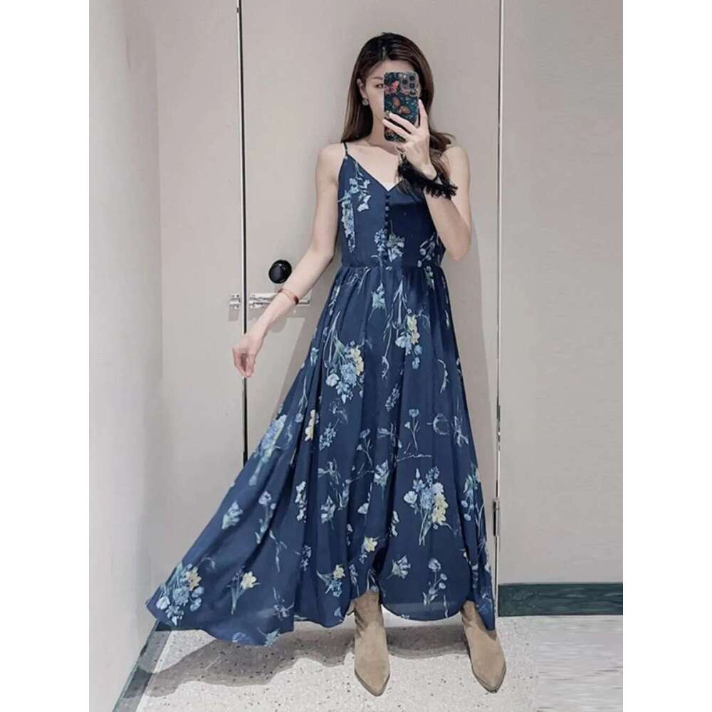 Kuzuwata Sweet Print V Neck Slim Waist Sling Robe High Street Fresh Mid-Length Big Swing Vestido Japan Pullover Ruched Dresses Designer
