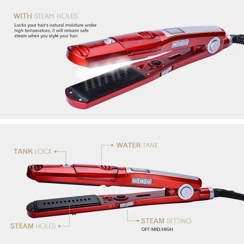 Profesional Strong Steam Straightener Portable Salon Wide Hair Care 2 in 1 Flat and Curling Iron