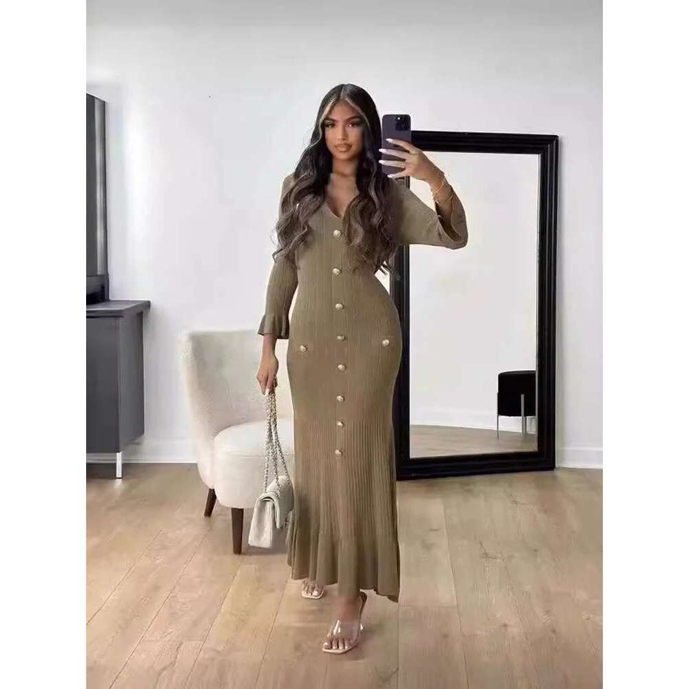 Elegant Knitted Long Dress Women Flare Sleee V Neck Ruffles Single Breasted Bodycon Dresses Party Fashion Office Lady Vestidos Designer