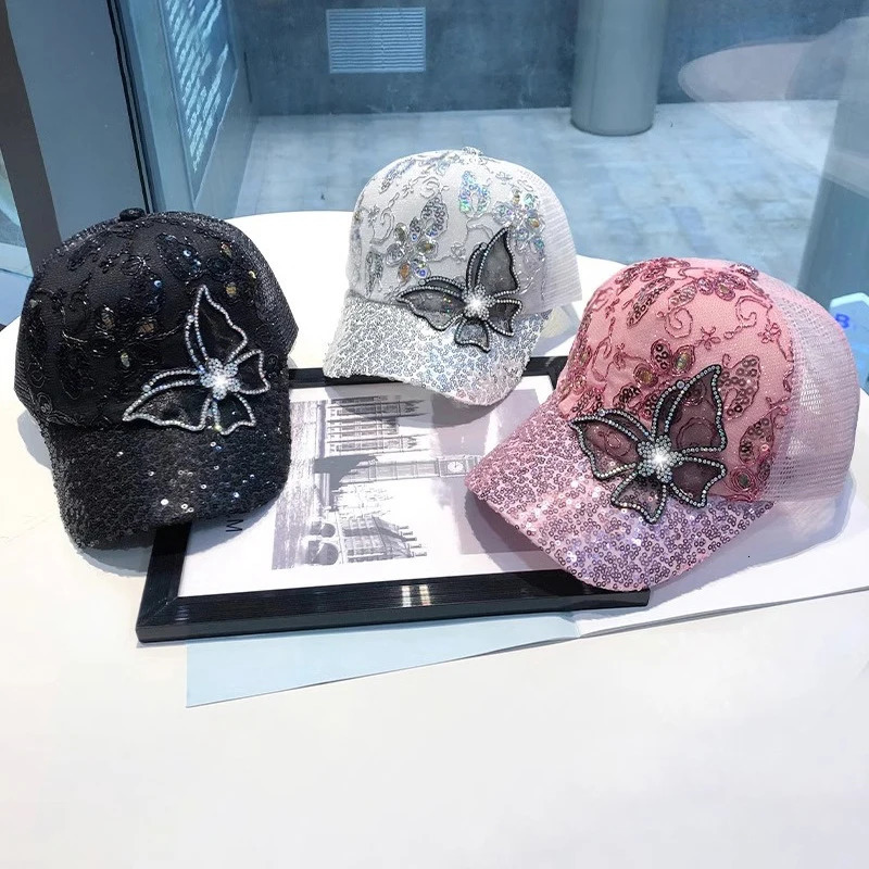 Women Summer Mesh Baseball Cap Shiny Rhinestone Butterfly Sun Visor Hat For Ladies Glitter Sequins Breathable Sunscreen Caps 250519