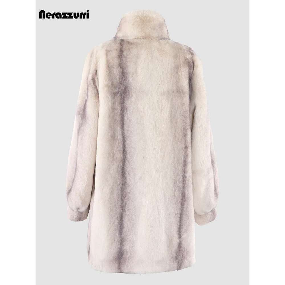 Nerazzurri Winter Colorful Thick Warm Gradient Faux Fur Coat Women Long Sleeve Loose Stylish Elegant Fluffy Jacket 2023
