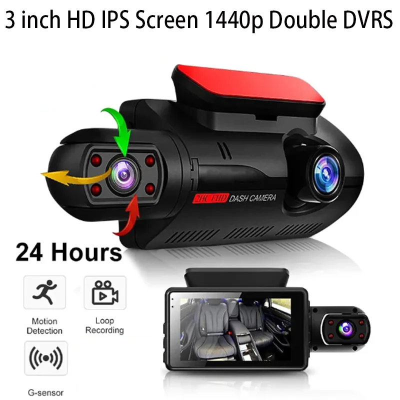 3 Inch Full HD 1440p Car DVR Camcorder Driving System with Front & Rear Lenses for Cars - Widescreen Angle Drive Recorders