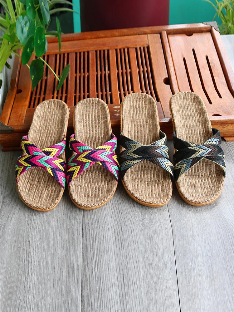 Linen slippers for women in summer indoor couple home anti slip thick soled home cool slippers for men in summer 250519