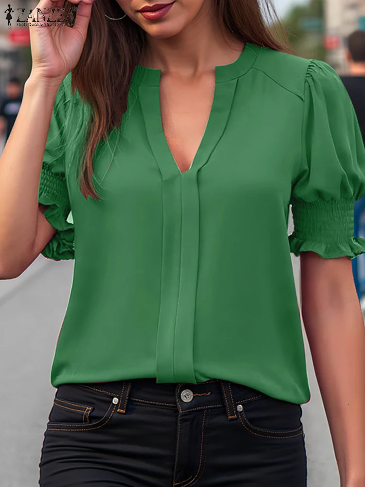 ZANZEA Stylish Women V Neck Short SleeveBlouse Summer Solid Shirt Elegant Work OL Tunic Tops Casual Holiday Beach Blusas 250520
