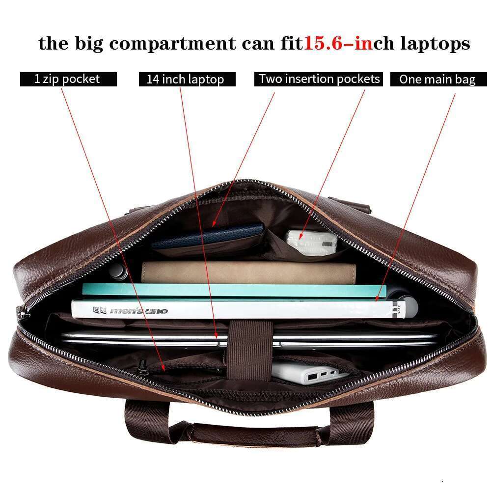 Men's Leather Briefcase, Cowhide Computer Handbag, Large Capacity Single Shoulder Crossbody Business Bag, Rear Lage Strap