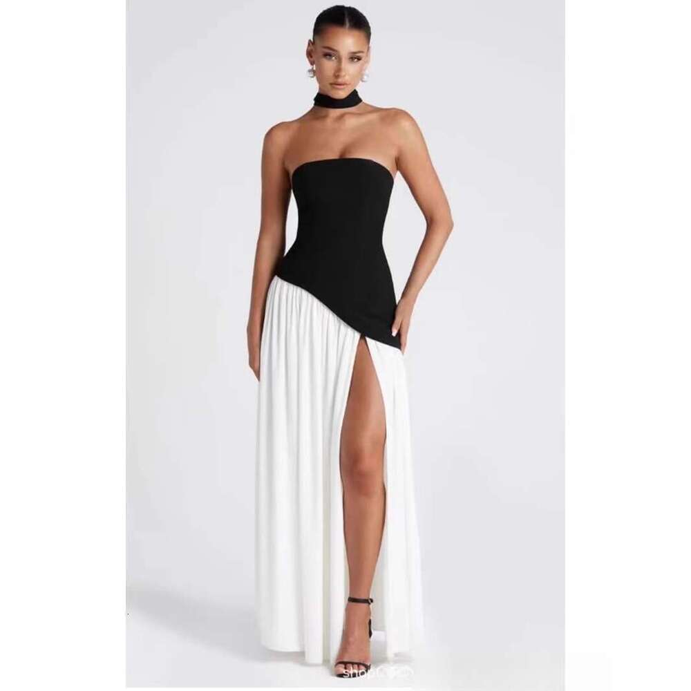 Design Hepburn style contrast zipper tight fitt dress with irregular slits, sexy vacation long skirt quality dress, 2025 new style, chic and elegant