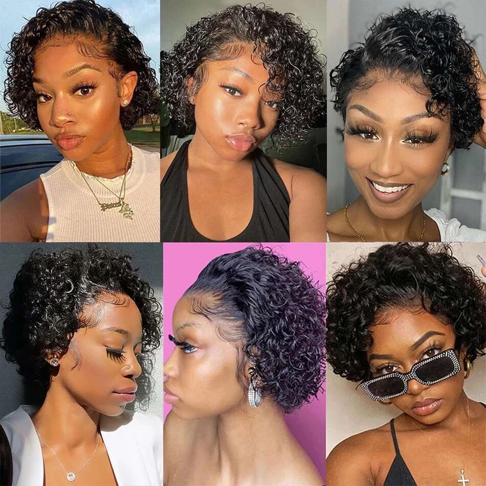 Pixie Cut Transparent Lace Front Wig Short Kinky Curly Bob Brazilian Water Wave Human Hair Wigs For Women