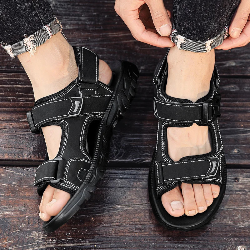 Summer Men Sandals PU Leather Lightweight Open Toe Flat Mens Casual Shoes Outdoor Walking Sandals for Men Beach Shoes Size 39-46 250515