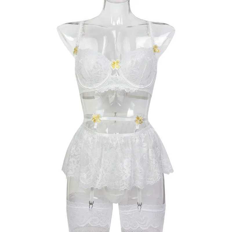 Sexy Embroidery Lingerie Suit for Women 3D Flowers Patchwork Lace See-through Solid Color Mesh Womens Underwear Set New R250520