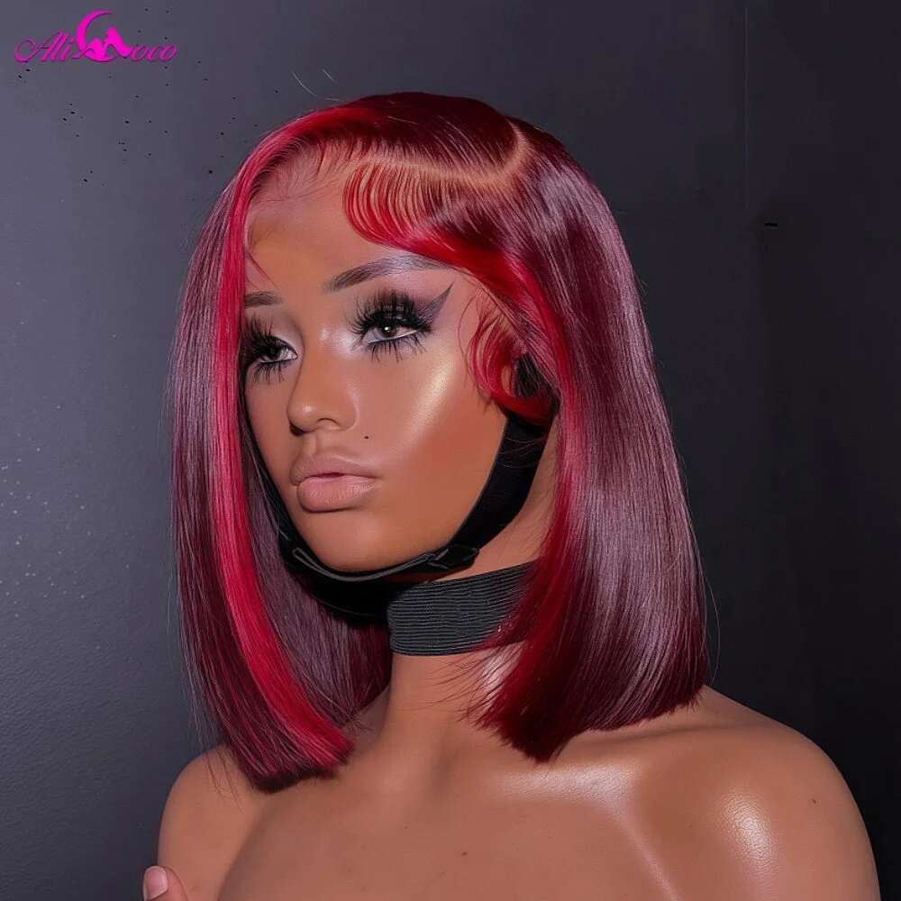 Highlight Red 99J 180 Density 13x4 Lace Front for Women Straight Short Bob Wig Human Hair Wigs