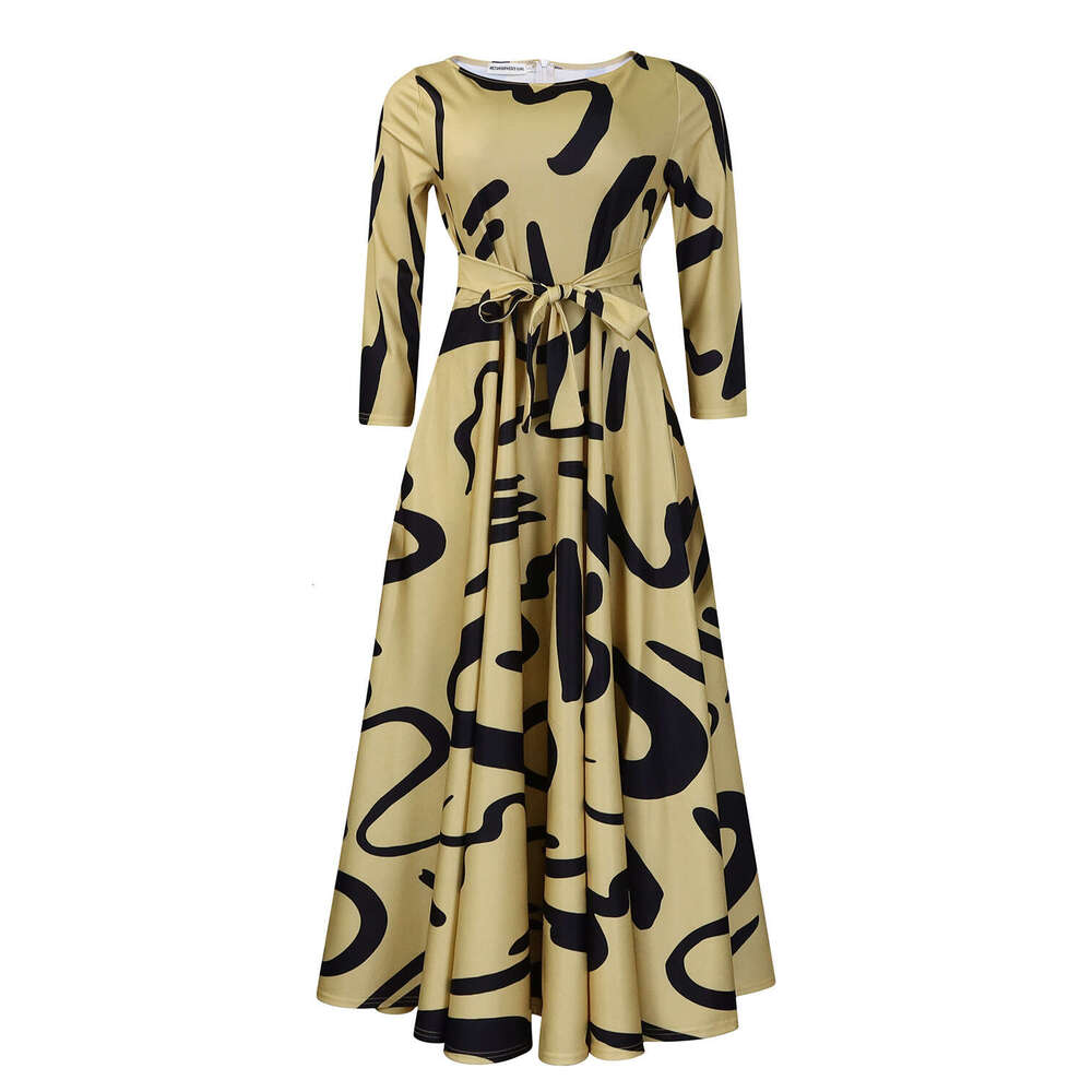 Women's Wear Women's Spring New Fashionable And Stylish Style Lace Up Print Large Medium Length Dress