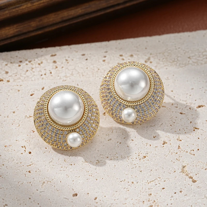 SENYU Charm Buttons Stud Earrings Paved Cubic Zircon with Pearl for Dubai Party Jewelry Indian Bridal Earring 250517