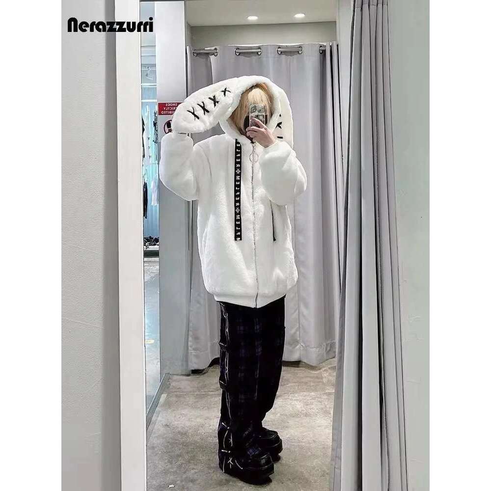 Nerazzurri Winter Sweet Kawaii Soft Thick Warm White Faux Fur Coat Women With Bunny Ears Cute Fluffy Jacket Hoodie 2024